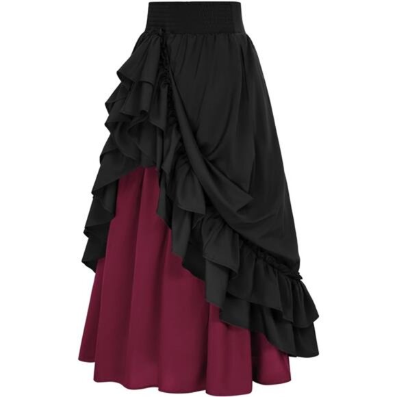 Women Renaissance Long Double-Layer Ruffle Skirt Black Red - Picture 1 of 6